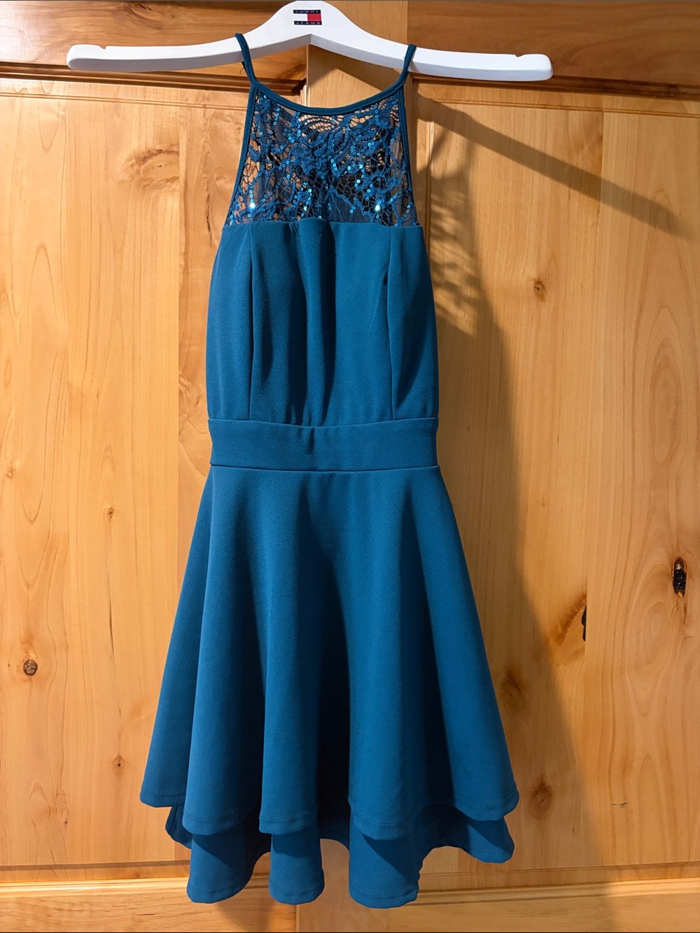 Juniors Teal Lace Yoke Halter Fit-and-Flare Dress